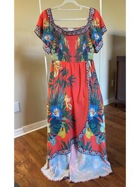 Glorious Tomato Floral Maxi Dress with Smocked Bodice Size L
